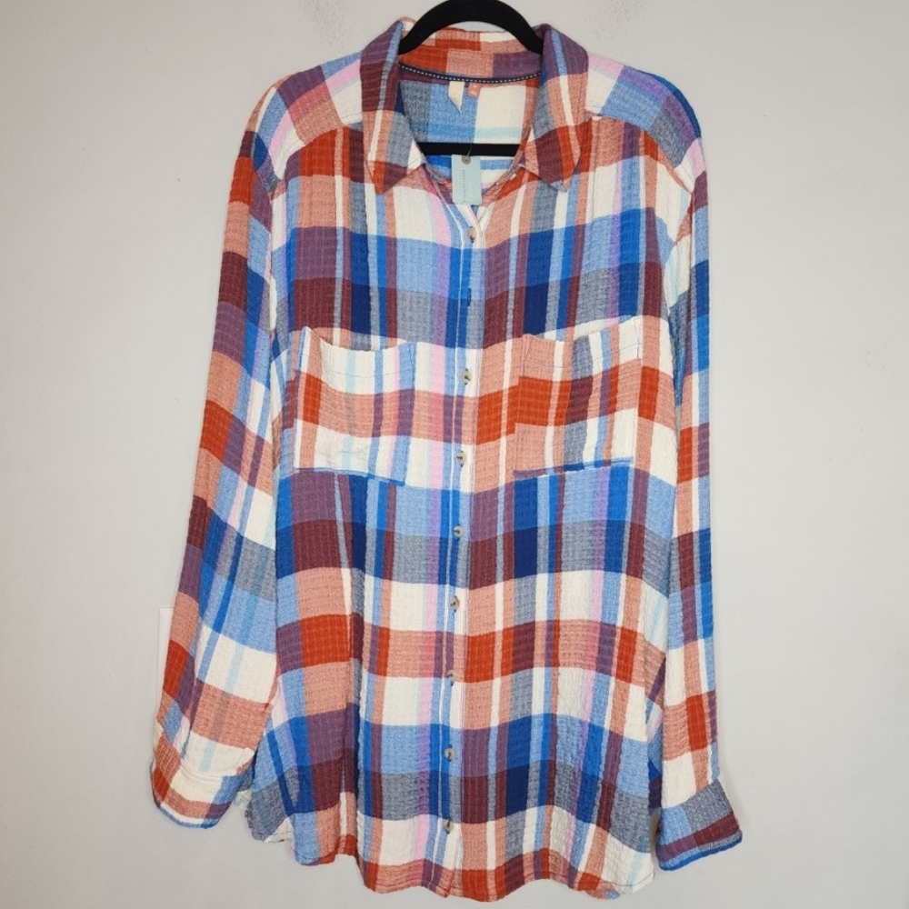 NWT Pilcro Anthropologie Plaid Button Down Shirt Stretchy Drapey Blue Multi 2X